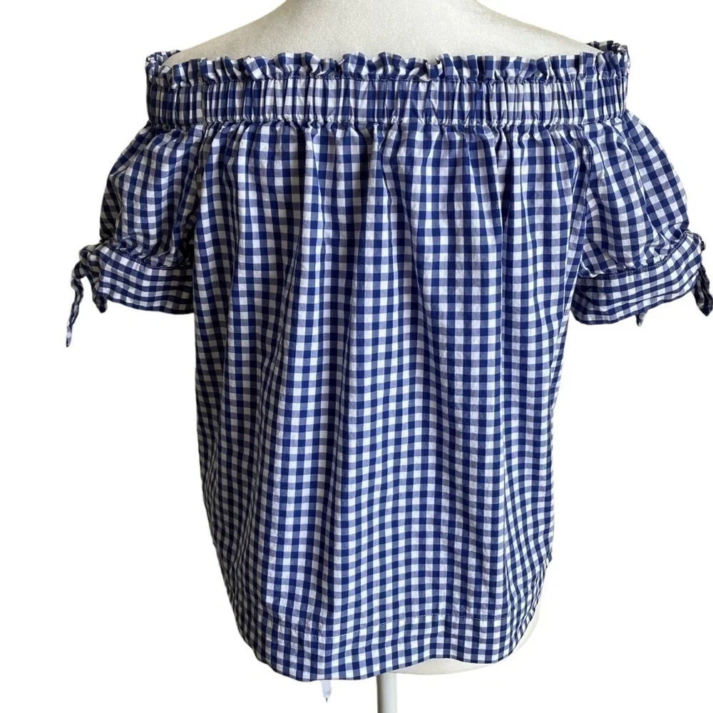 J. Crew Blue White Gingham Checkered Off The Shoulder Top Cottagecore Size 2